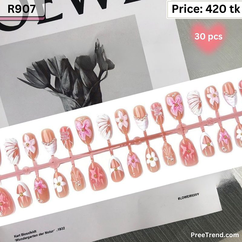 3D Pink Orchid Flower & Textured Seashell Pearl Pink French Square Press On Nails (30 Pcs) - R907