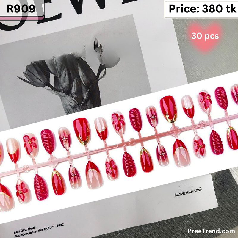 3D Red Camellia Floral Gold Wave & Textured Crimson Square Press On Nails (30 Pcs) - R909
