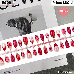 3D Red Camellia Floral Gold Wave & Textured Crimson Square Press On Nails (30 Pcs) - R909