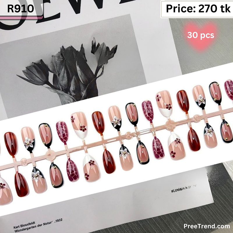 3D White Lily Floral & Red Wine Tortoiseshell French Square Press On Nails (30 Pcs) - R910