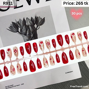 Printed Red Floral Gold Leaves & Sparkle Cherry Red Cat Eye Almond Press On Nails (30 Pcs) - R911