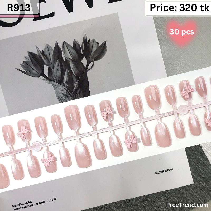 3D Soft Pink Ribbon Bow Charm Nude Velvet Cat Eye Short Square Press On Nails (30 Pcs) - R913