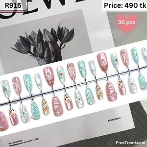 3D Multicolor Seashell Butterfly Charm Pastel Mint Green Pink & Pearl Glaze Coffin Press On Nails (30 Pcs) - R915