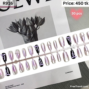 3D Lilac Ribbon Bow Charm & Pearl Cuff Chrome Purple Medium Square Press On Nails (30 Pcs) - R916