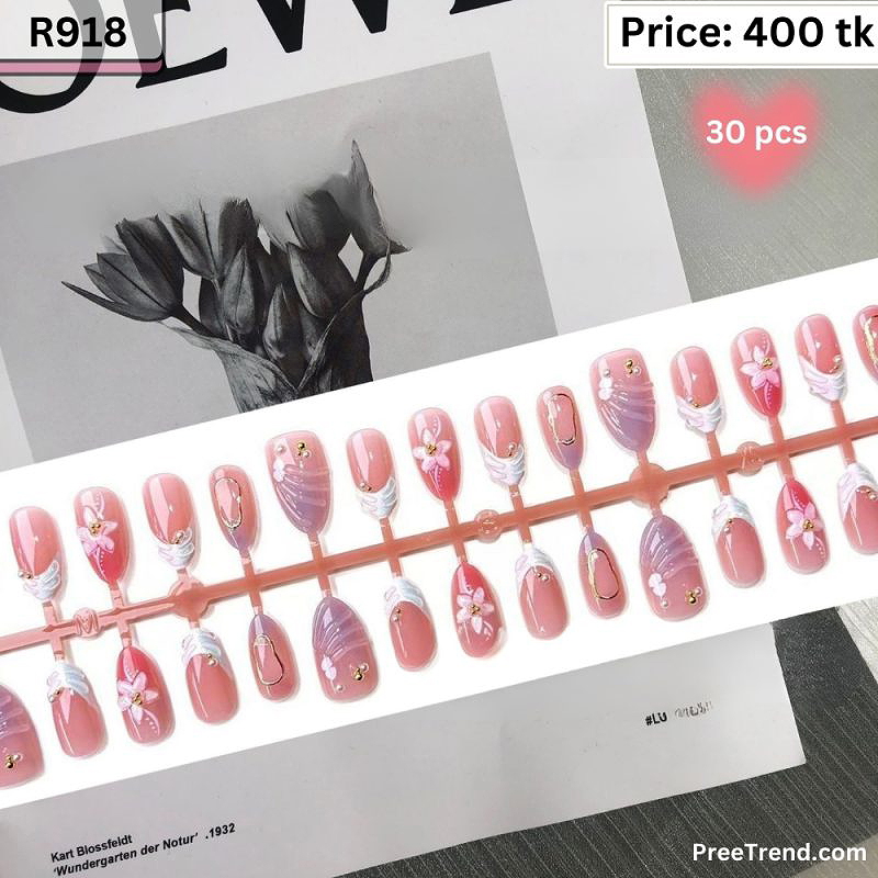 3D Pink Flower Gold Bead & Seashell Swirl Medium Square Press On Nails (30 Pcs) - R918