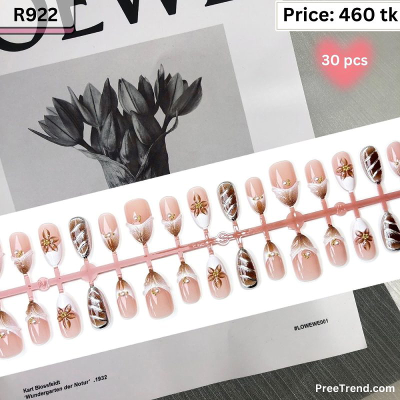 3D Gold Floral Pearl French & Silver Swirl Chrome Square Press On Nails (30 Pcs) - R922