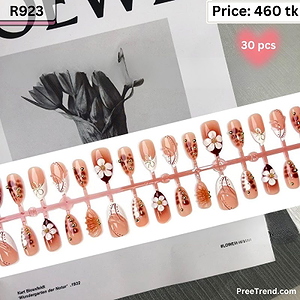 3D White Flower Gold Stud & Amber Tortoiseshell French Square Press On Nails (30 Pcs) - R923