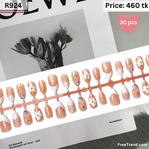 3D White Lily Floral & Gold Stud Textured White French Square Press On Nails (30 Pcs) - R924