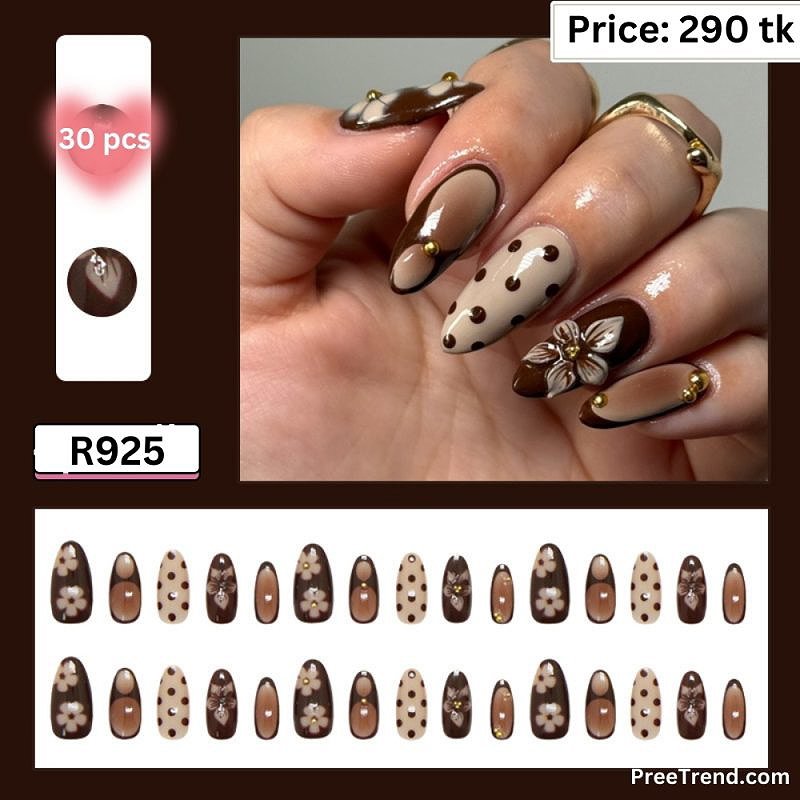 3D Chocolate Brown Floral Polka Dot & Gold Stud French Almond Press On Nails (30 Pcs) - R925