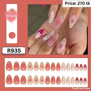 Printed Tropical Flower & Seashell Wing Motif Sheer Nude Almond Press On Nails (24 Pcs) - R935