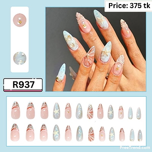 3D Seashell Starfish & Plaid French Sky Blue Almond Press On Nails (24 Pcs) - R937