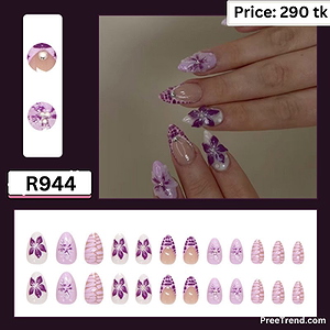 3D Purple Hibiscus Floral & Crocodile Texture French Almond Press On Nails (24 Pcs) - R944