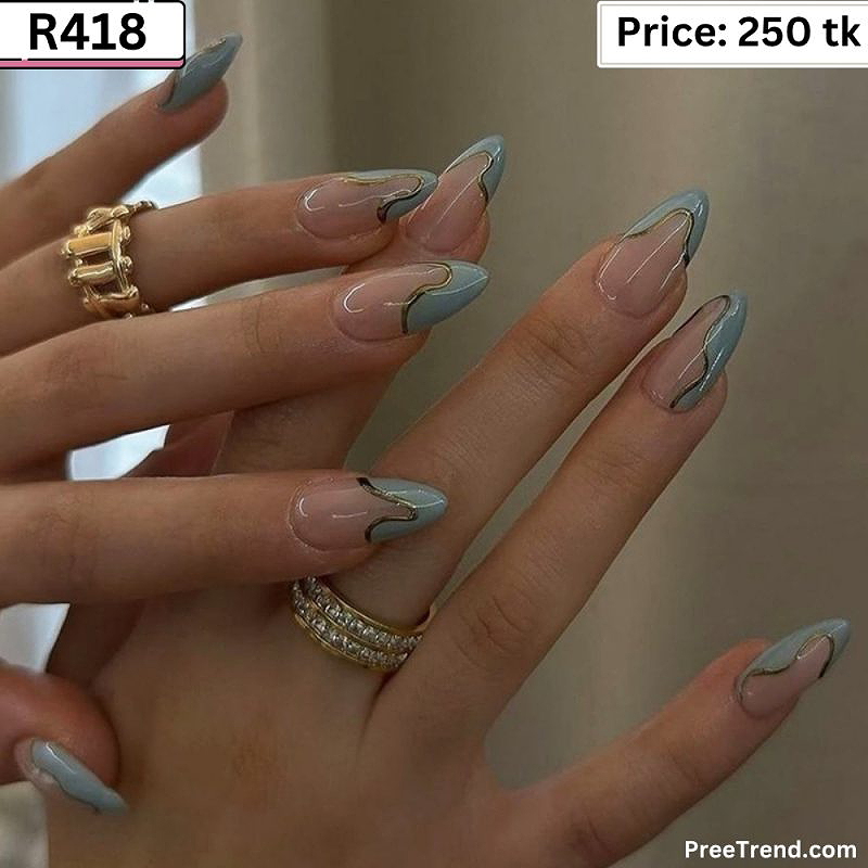 Printed Sky Blue French Swirl & Gold Line Outline Medium Almond Press On Nails (24 Pcs) - R418
