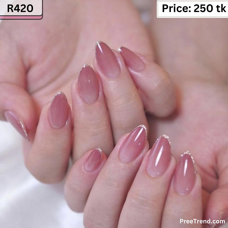 Printed Silver Glitter Cuticle Line Blush Pink & Milky White Ombre Medium Oval Press On Nails (24 Pcs) - R420