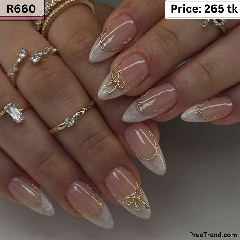 3D Gold Metallic Ribbon Bow & Shimmer Velvet Marble French Tip Nude Almond Press On Nails (24 Pcs) - R660