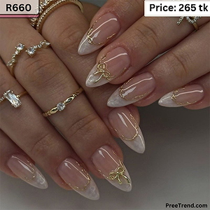3D Gold Metallic Ribbon Bow & Shimmer Velvet Marble French Tip Nude Almond Press On Nails (24 Pcs) - R660