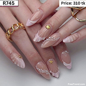 3D Seashell Textured Tip & Pearl Cascade Pink Ombre Coffin Press On Nails (24 Pcs) - R745