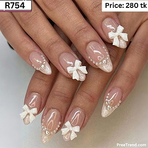 3D White Ribbon Bow & Pearl Border French Tip Blush Pink Almond Press On Nails (24 Pcs) - R754