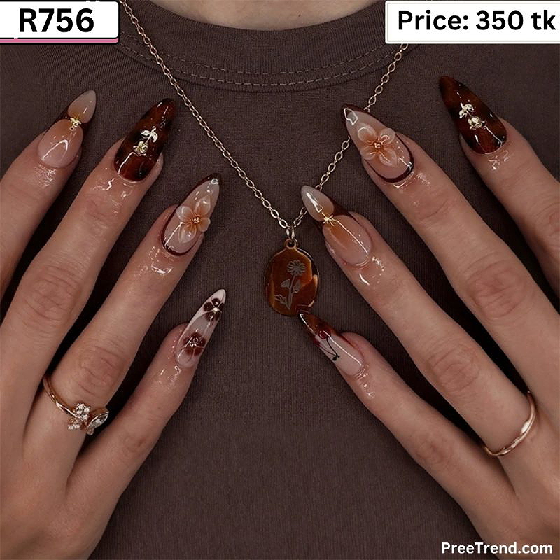 3D Amber Cherry Motif & Floral Tortoiseshell French Almond Press On Nails (24 Pcs) - R756
