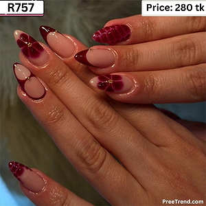Printed Wine Red Hibiscus Floral & Leopard French Almond Press On Nails (24 Pcs) - R757