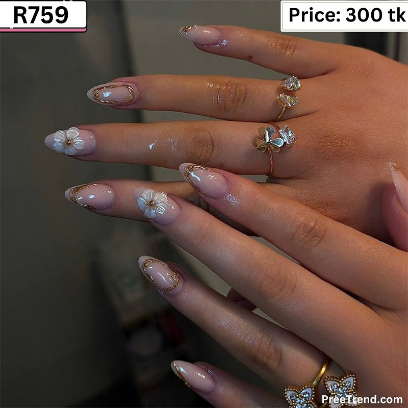 3D Gold Metallic Wire Edge White Flower Sheer Almond Press On Nails (24 Pcs) - R759