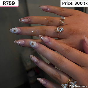 3D Gold Metallic Wire Edge White Flower Sheer Almond Press On Nails (24 Pcs) - R759