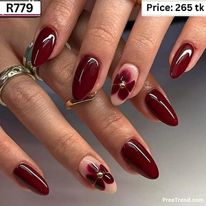 3D Dark Burgundy Flower Gold Bead Sheer Red Almond Press On Nails (24 Pcs) - R779
