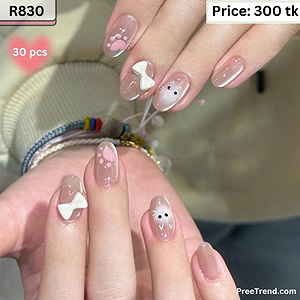 3D Cute White Bow Ribbon & Cartoon Cat Paw Nude Velvet Cat Eye Short Square Press On Nails (30 Pcs) - R830