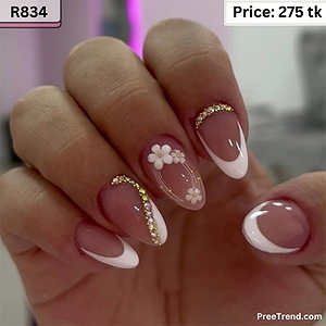 3D White Daisy Floral Pearl Outline & Colorful Rhinestone French Almond Press On Nails (24 Pcs) - R834