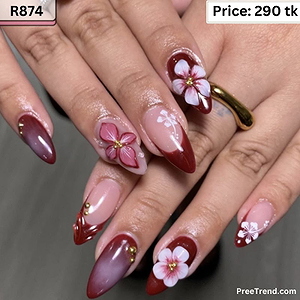 3D Textured Hibiscus Flower Gold Bead Accent Burgundy French Almond Press On Nails (24 Pcs) - R874
