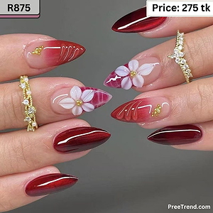 3D White Lily Floral Textured Ripple & Gold Bead Deep Red Almond Press On Nails (24 Pcs) - R875