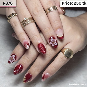 3D White Cherry Blossom Gold Wire & Seashell Swirl Deep Red Short Square Press On Nails (24 Pcs) - R876