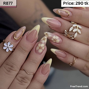 3D Gold Liquid Metallic Frame Pastel Yellow Floral French Nude Almond Press On Nails (24 Pcs) - R877