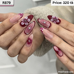 3D Purple Hibiscus Flower Rhinestone Star & Animal Print French Burgundy Almond Press On Nails (24 Pcs) - R879