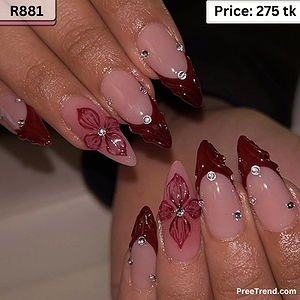3D Rhinestone Gem Accent Fine Line Floral & Deep Burgundy French Almond Press On Nails (24 Pcs) - R881