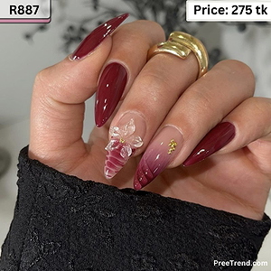 3D Silver Glitter Flower Seashell Texture & Red Ombre Burgundy Almond Press On Nails (24 Pcs) - R887