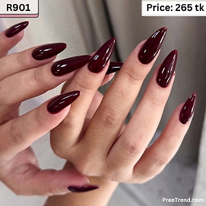 Glossy Deep Black Cherry Burgundy Solid Long Stiletto Press On Nails (24 Pcs) - R901