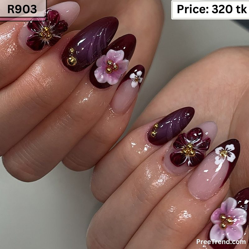 3D Purple Blossom Floral & Deep Wine Plum Oval Press On Nails (24 Pcs) - R903