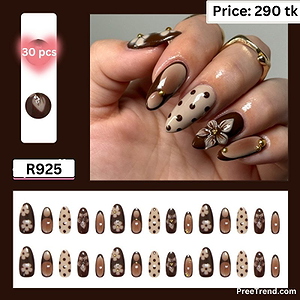 3D Chocolate Brown Floral Polka Dot & Gold Stud French Almond Press On Nails (30 Pcs) - R925