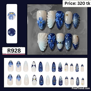 3D Blue Hibiscus Floral Pearl Seashell Texture & Sky Blue Ombre French Almond Press On Nails (24 Pcs) - R928
