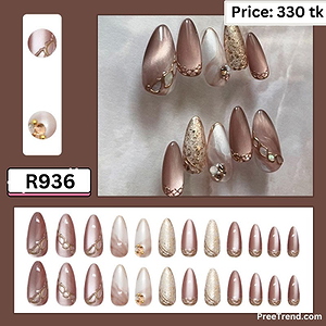 3D Gold Chain Accent Rose Gold Velvet Cat Eye Almond Press On Nails (24 Pcs) - R936