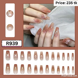 3D Holographic Butterfly Gold Outline Brown Ombre Coffin Press On Nails (24 Pcs) - R939