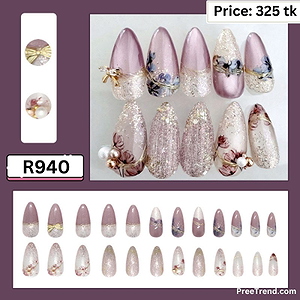 3D Gold Ribbon Bow Charm Floral Purple Lavender & Silver Shimmer Almond Press On Nails (24 Pcs) - R940