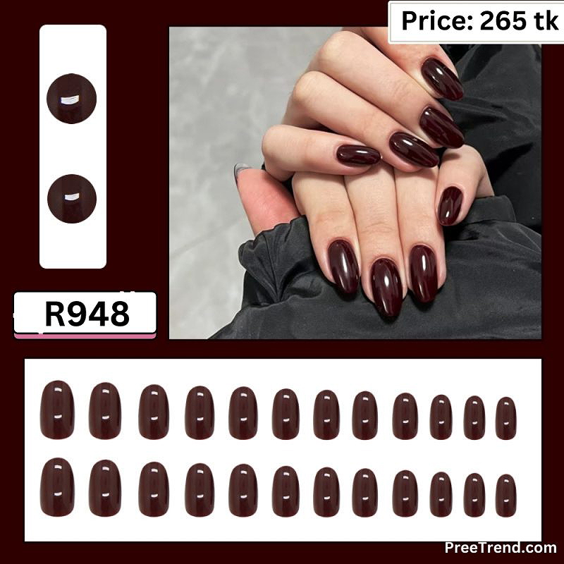 Glossy Dark Chocolate Plum Solid Short Oval Press On Nails (24 Pcs) - R948
