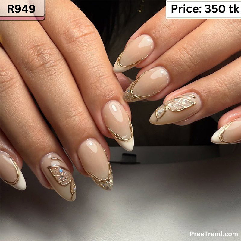 3D Gold Chrome Liquid Swirl French Silver Glitter Almond Press On Nails (24 Pcs) - R949