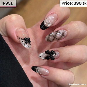 3D Black Ribbon Bow Gem Charm Polka Dot & Plaid Sheer Pink Almond Press On Nails (24 Pcs) - R951