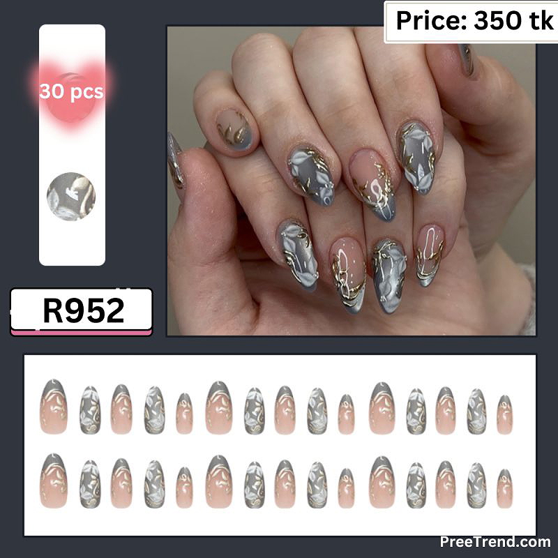 Printed Silver Metallic Floral Leaf Pattern Charcoal Slate Gray Almond Press On Nails (30 Pcs) - R952