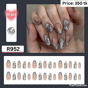 Printed Silver Metallic Floral Leaf Pattern Charcoal Slate Gray Almond Press On Nails (30 Pcs) - R952