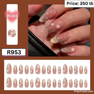 3D Rhinestone Bud White Tulip Floral Champagne Glitter French Almond Press On Nails (30 Pcs) - R953