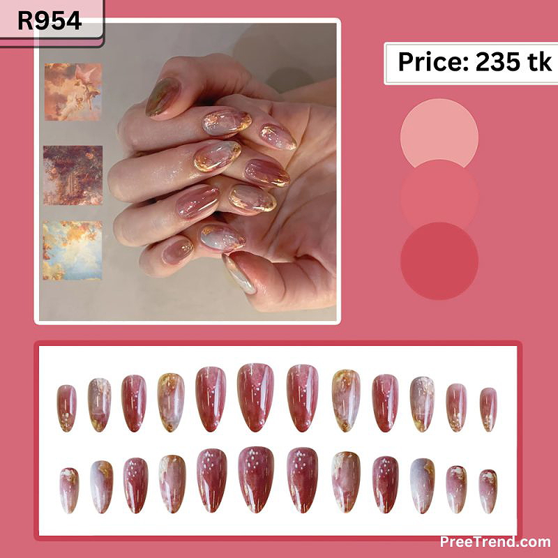 Printed Dusty Rose Marble Smoke Texture White Ink Splatter Almond Press On Nails (24 Pcs) - R954